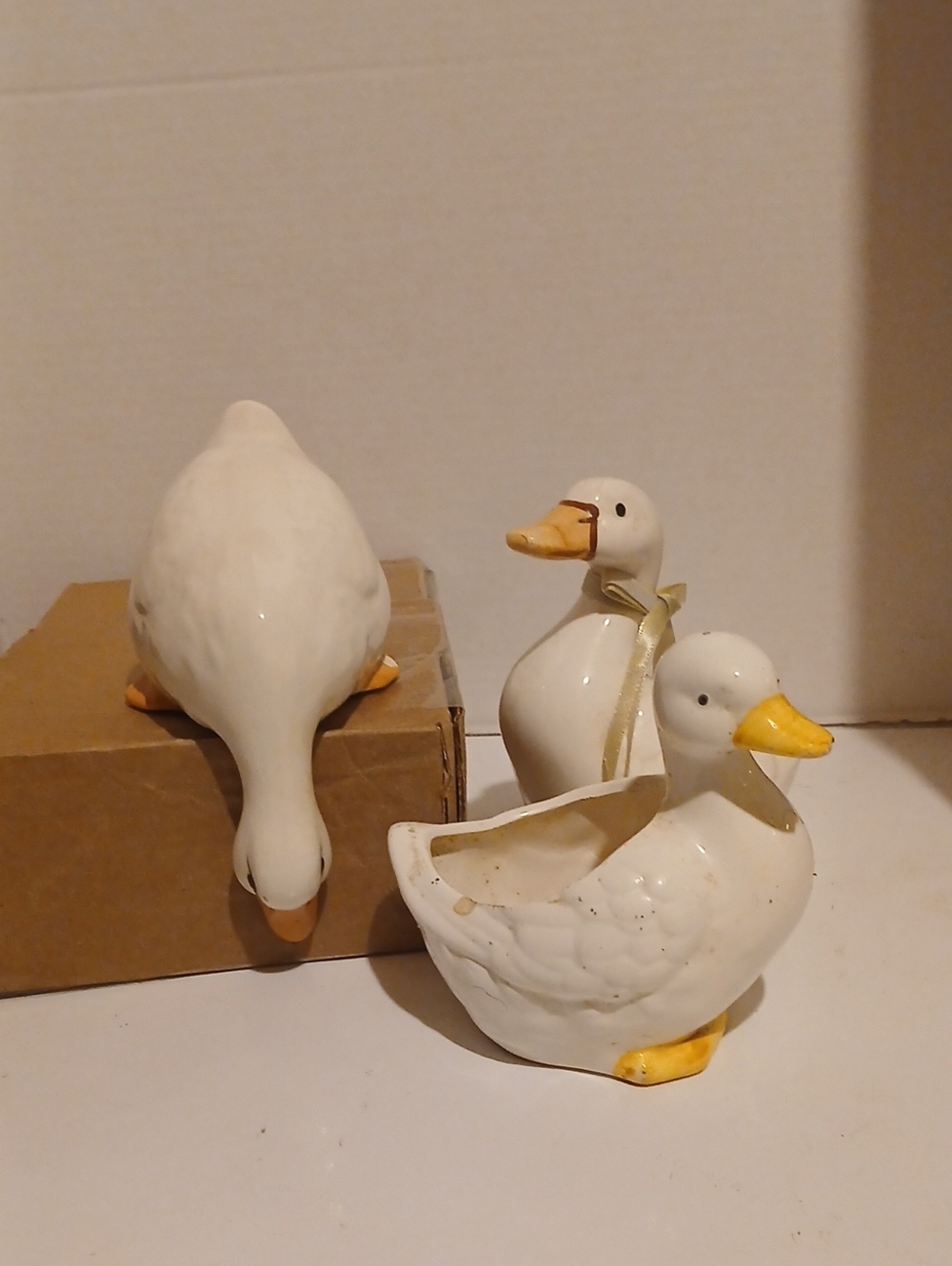 Vintage White Ceramic Duck Trio with Yellow Beaks